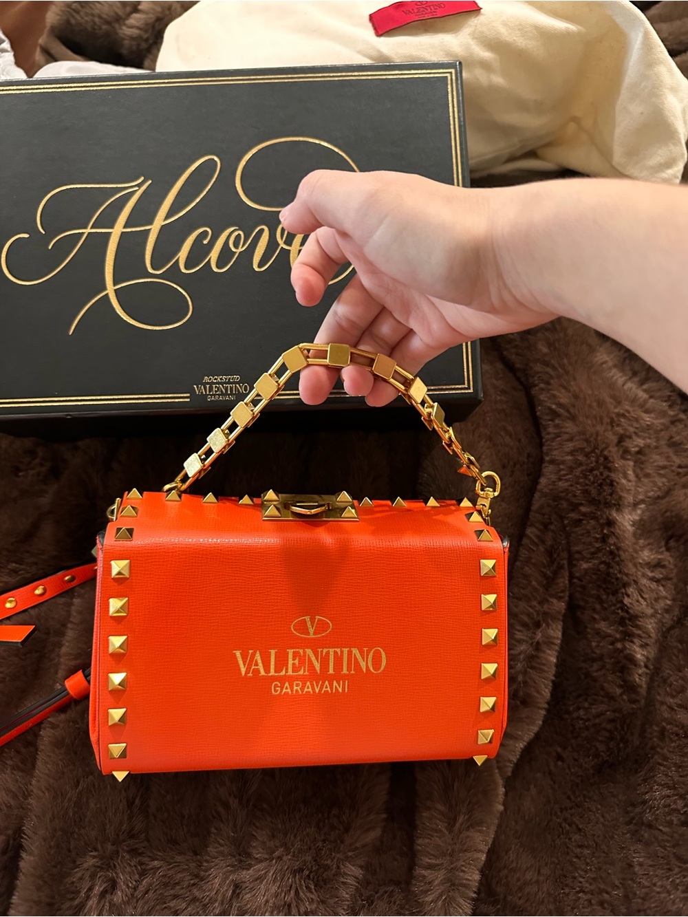 Valentino Garavani Rockstud Alcove Small Orange Leather Bag